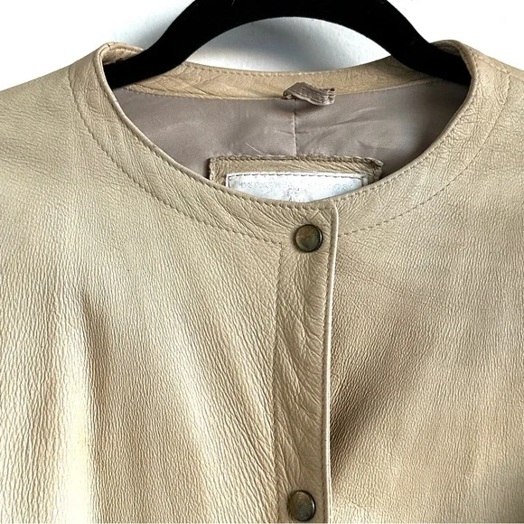 Vintage 80s 90s New Zealand Beige Snap Button-Front Boutique Leather Jacket